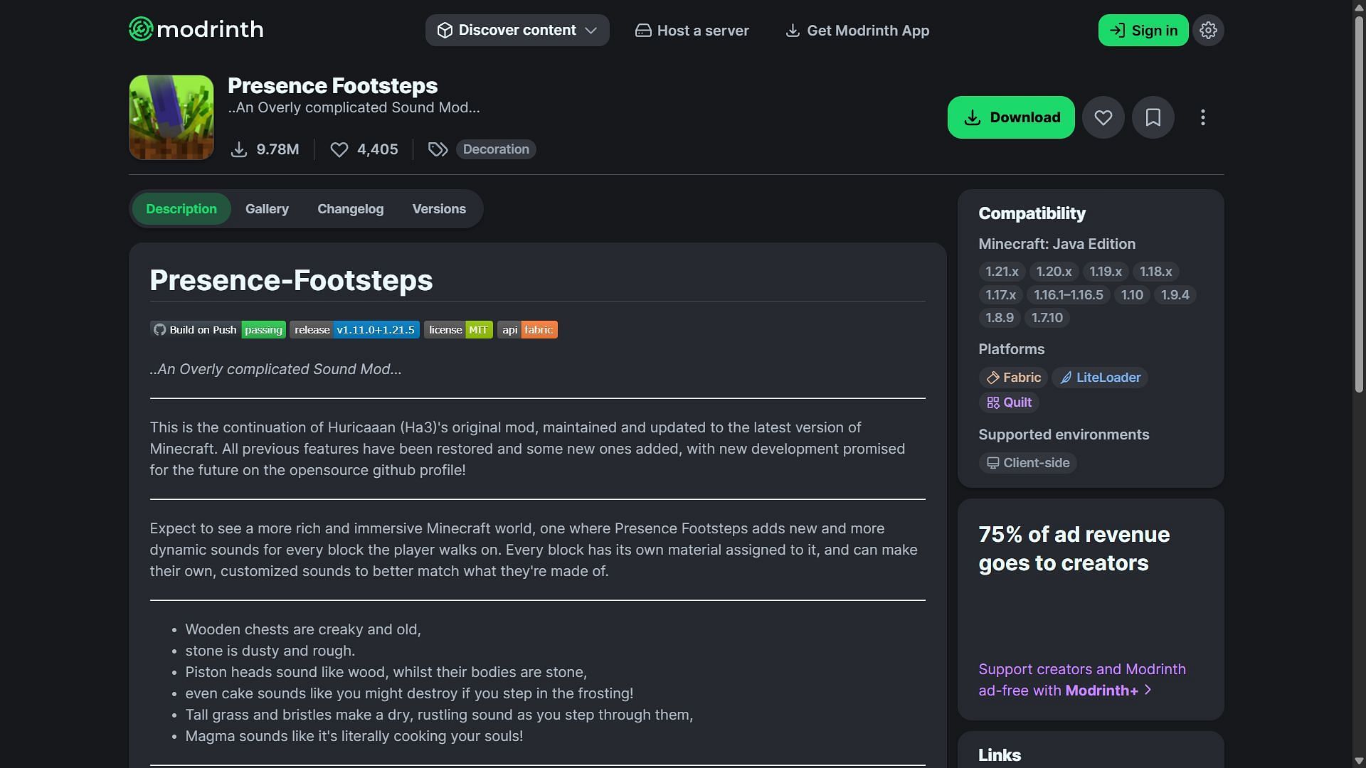 Presence Footsteps mod can be downloaded from the Modrinth app (Image via Modrinth/Sollace)